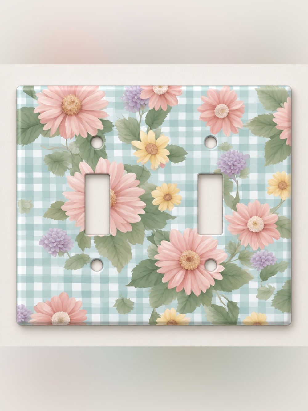 Handmade Pink Daisy Floral Gingham Double Toggle Light Switch Cover Plate